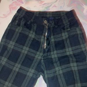 Green, black and light green plaid pants